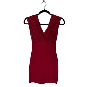 BEBE Women's Maroon Cutout Twofer Bandage Dress. Lace top bodycon dress. SizeXS